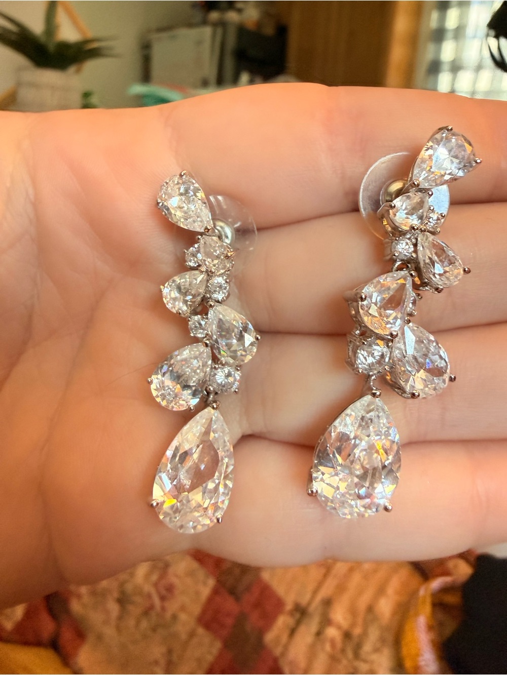 Crystal Teardrop Dangle Earrings - Silver Tone